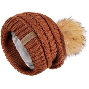 FURTALK Women's Brown Knit Beanie with Faux Fur Pom